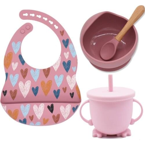 4Pcs/Set Silicone Bib Baby Feeding Bowl Snack Cup Set Learning Dishes Suction Bowl Set Wood Spoon Non-Slip For Toddler Tableware