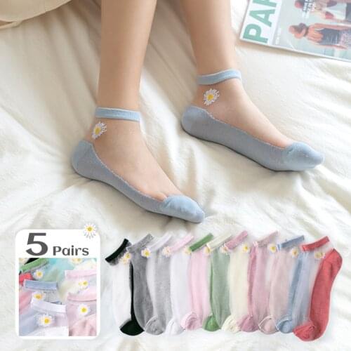5Pairs/Lot Women Socks for summer Ultra-thin Transparent Cass Glass fiber Silk Socks Fashion daisy Flower Japan Ankle Socks