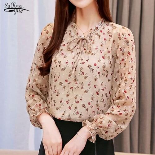 Blusa 2021 Autumn Casual Women Tops and Blouses Elegant Chiffon Blouse Floral Bow Collar Long Sleeve Shirt New Arrival 8224