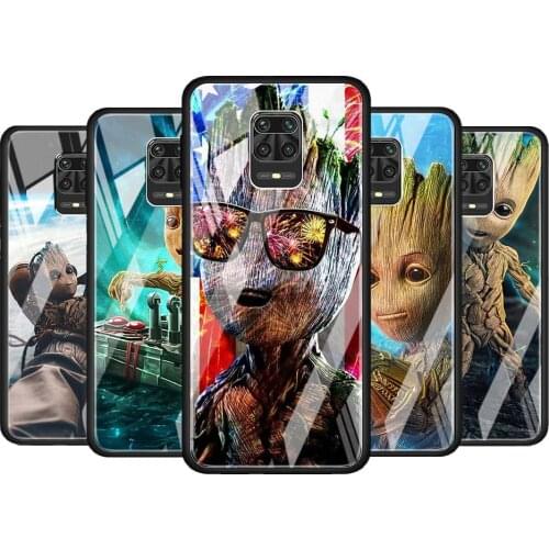 Groot Marvel Avengers for Xiaomi Redmi Note 10 Pro Max 10S 9T 9S 9 8T 8 7 Pro 5G Luxury Tempered Glass Phone Case Cover