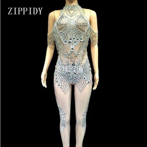 Fashion Shining Silver Crystal Jumpsuit Female Singer Dancer Glass Stones Stretch Bodysuit Party Performance Wear