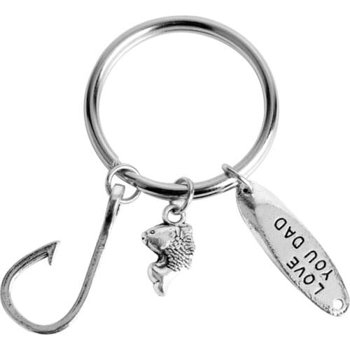 MQCHUN Silver Fish Hook and Fish Alloy Charm Keychain Love You Dad Keyring For Fathers Day gift Daddy Pendant Jewelry -50