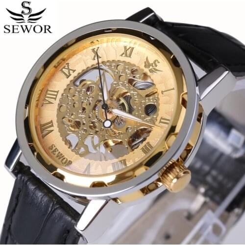 Roman Numerals SEWOR Top Brand Luxury Fashion Men Watches Mechanical Skeleton Watch Steampunk Leather Strap Transparent dial