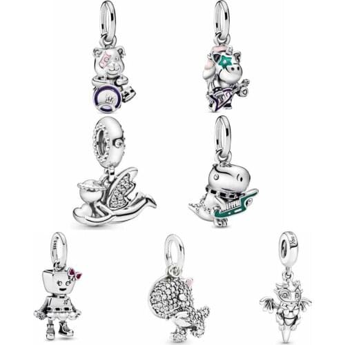 Original Purple Enamel Theodore Dino the Dinosaur Punk Band Bear Pendant Fit Europe Bracelet 925 Sterling Silver Bead Charm