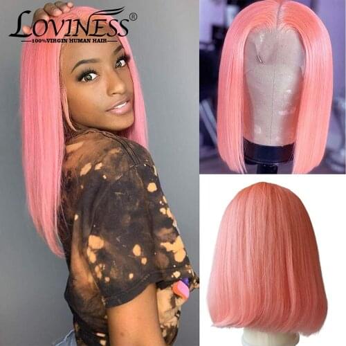 Pink Bob Wigs Human Hair Brazilian Glueless Straight Middle Part Lace Front Lace Bob Wig Short Pre Plucked Bleached Knots Wigs