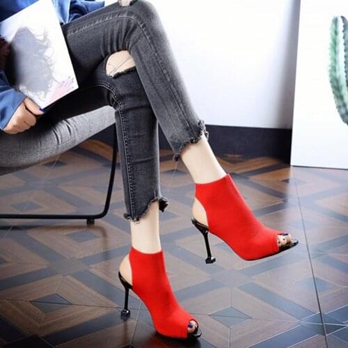 Womens Sandals Female European And American Fish Mouth Shoes Open Toe New Fine Heel Knitted Elastic High Heel Sandals Summer