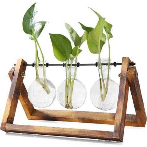 Glass Wood Vase Planter Terrarium Table Desktop Hydroponics Plant Bonsai Hanging Flower Pot with Wooden Tray Home Decoration