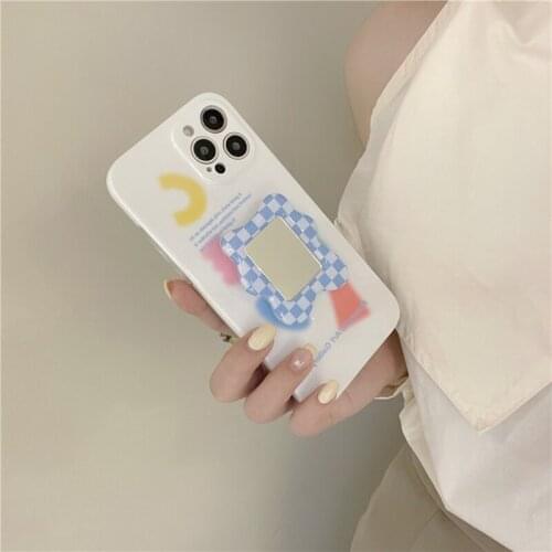 Japan Korean Geometric English Square Mirror Bracket Soft Case For IPhone 12 7 8 Plus 11 Pro XR X XS Max Lovely Protection Cover