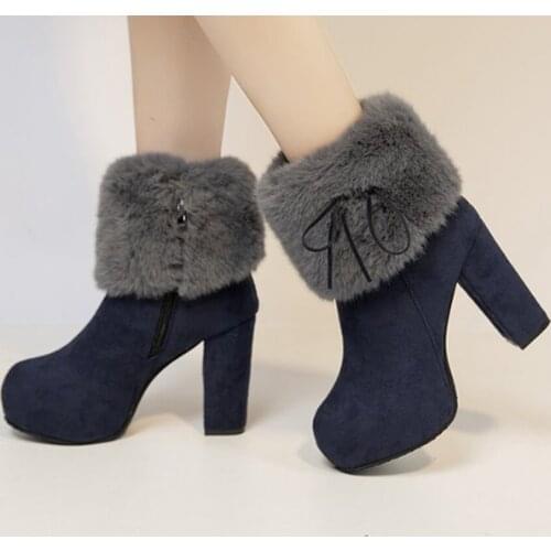 Fur high heels ankle boots pump plus size women shoes woman autumn vintage shoe chaussures femme zapatos mujer sapato SA1276