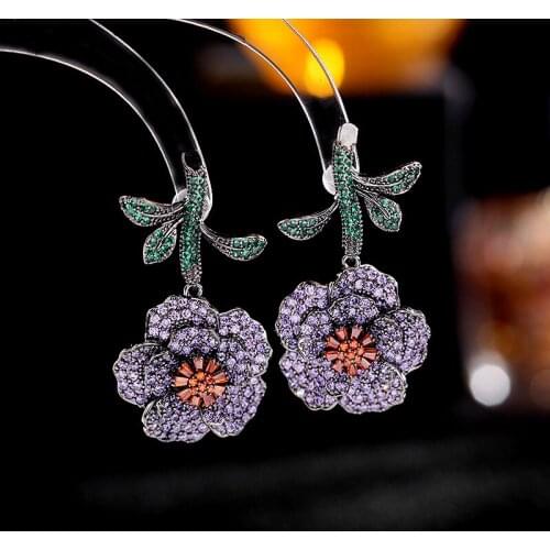 Brand Design Fashion Flower Dangle Earrings Women Luxury Jewelry Micro Pave Cubic Zirconia Wedding Bridal Earring 925 Silver Pin