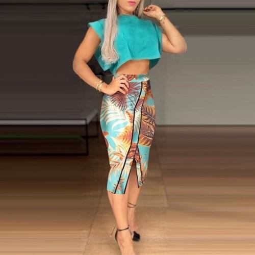 Women Casual Round Neck Solid Tops+Irregular Print Beach Dress Summer Fashion Office Lady Outfits Elegant Suits Two Piece Sets