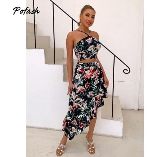 Pofash Halter Floral Print Summer Two Pieces Outfits Women Backless Sexy Top And Skirts Sets Ruffle Hemline 2 Pieces Set 2021