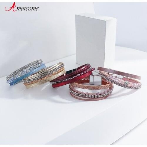 Amorcome Handmade Sweet Color Women Leather Bracelets Shiny Rhinestone Crystal Beads Wrap Bracelet Gift Pulseras Mujer Moda 2020