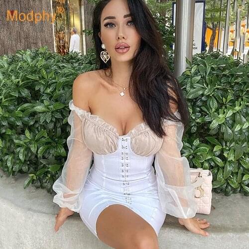 2021 Autumn Fashion White New Bandage Dress Women Sexy Off Shoulder Patchwork Bodycon Mini Dresses Club Evening Party Vestidos