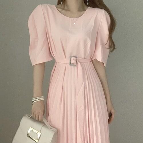 2021 Korea Summer Dress Women Solid Cotton Simple Dress for Women Vintage High Waist Pleated Loose Long Dresses Vestido 14160