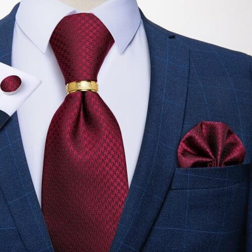 100% Silk Tie 8cm Wide Red Solid Mens Ties Fashion Formal Business Wedding Necktie Pocket Square Cufflinks Tie Ring Set DiBanGu