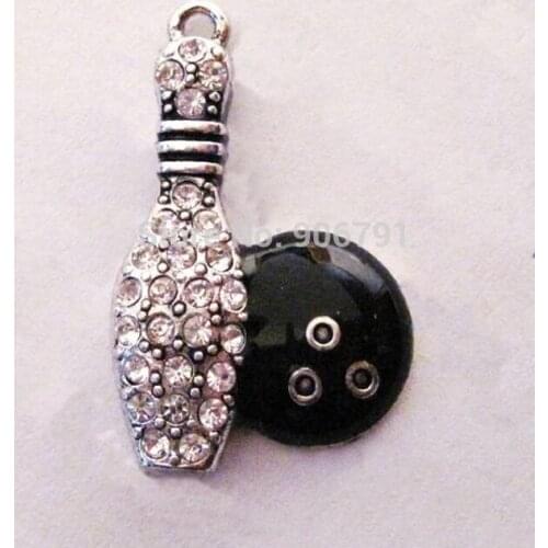 100pcs a lot antique silver plated fashion Bowling Pin and Ball Crystal Pendant(A100076)