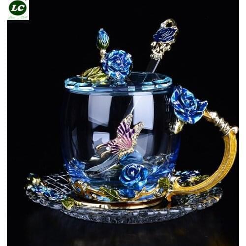 300ml Glass Clear Beautiful Enamel Water Bottle Glass Cup Home Water Mug Enamel Rose Teacup Creative Gift Glass Water Bottle