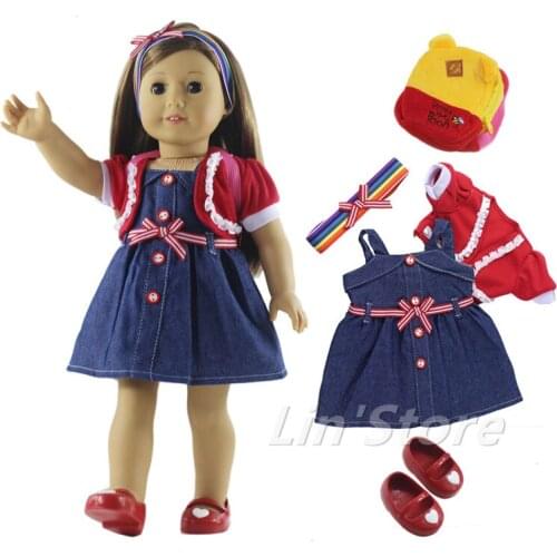 5in1 set Casual Clothes Doll Clothes Outfit Dress+coat+headwear+knapsack+shoes for 18" American Doll