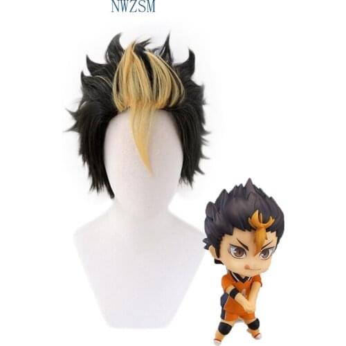 Anime Haikyuu!! Nishinoya Yuu Short Black and Blonde Heat-resistant Fiber Hair Cosplay Costume Wigs + Free Wig Cap