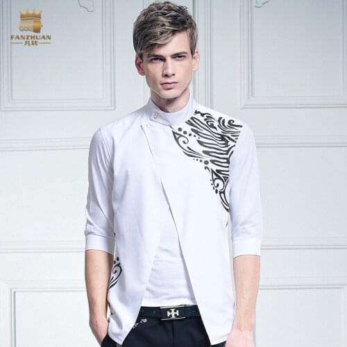 Free Shipping New Male fashion 2016 mans casual Double false two stand collar 3/4 sleeve white 612030 printing FanZhuan shirt