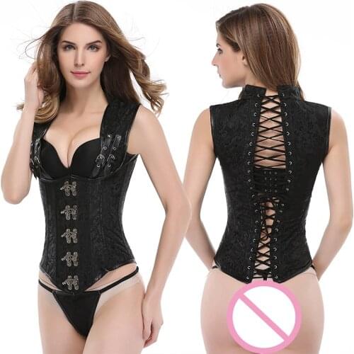 Black Brocade Collared Top Cupless Sexy Corset Vest Steampunk Underbust Gothic Clothing Boned Corsets and Bustiers Plus Size 6XL