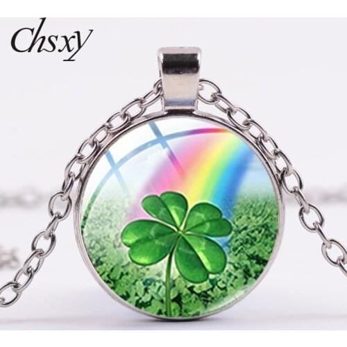 CHSXY Fashion Clover Four Leaf Clover Pendant Necklaces Art Photo Glass Crystal Cabochon Choker Lucky Jewelry Gift For Women Men