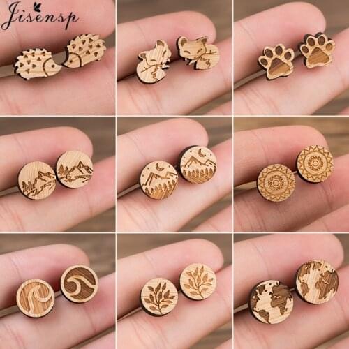 Jisensp Vintage Simple Fashion Earrings Animal Wood Jewelry Earing Cute Hedgehog Fox Wrold Map Earrings Stud for Women brincos