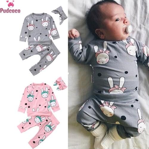 Autumn Winter Kids Baby Girl Boy 3pcs Clothes Set Newborn Long Sleeve Cartoon Rabbit Tops+Pant+Headband Outfits 6-24M