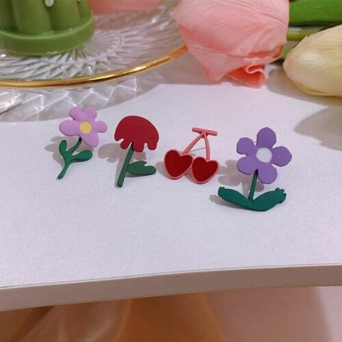 Red Cherry Tulip Asymmetrical Ear Studs for Women Flower Earrings Sweet Lovely Stud Earrings Female New Summer Rose Earring Gift