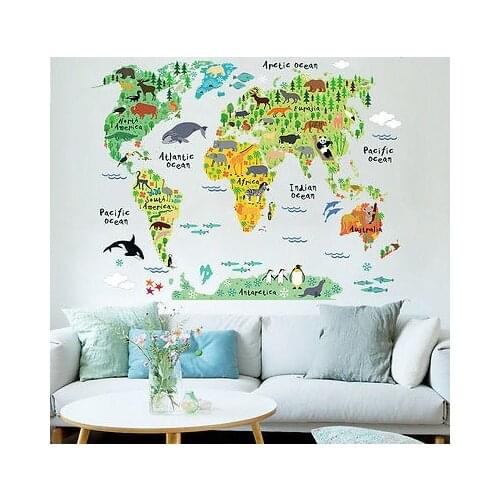 Colorful World map Wall sticker kids room decor decals Nursery decoration Cartoon Animal World Map Wall Stickers