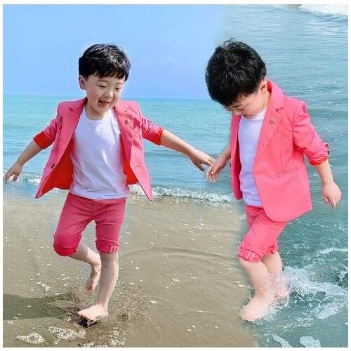Summer Pink/ apricot Boys Suits for Weddings Solid cotton Boys Wedding Suit Formal Suit for Boy Kids Wedding 2 pcs Suits Blazer