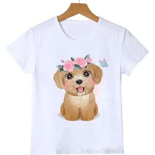 Cute Poodle/Schnauzer/ShihTzu/Corgi/Bulldog/Cavalier King Charles/Siberian Husky Dog With Floral Kids White T-Shirt Girl Clothes
