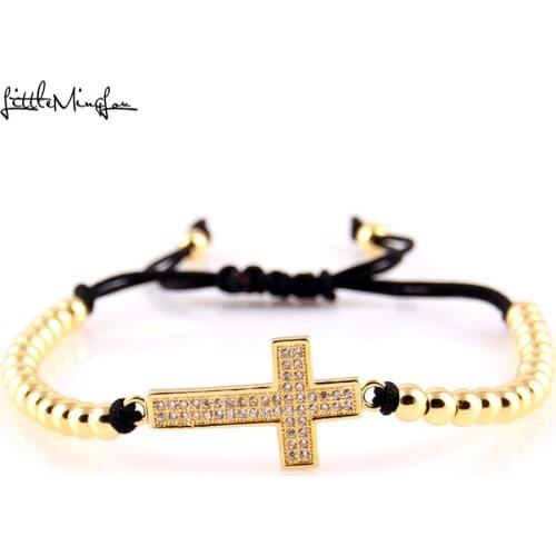 Little MingLou Trendy Men bead Bracelet Micro Pave CZ cross Charm copper Braided Jesus bracelets & bangles for women Jewelry