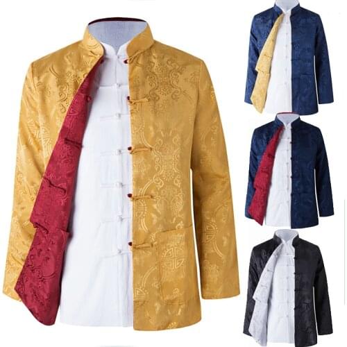 Umorden Long Sleeve Two Sided Traditional Chinese Clothes Tang Suit Top Spring Men Silk Embroidery Jacket Coat for Men