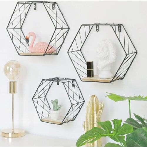 Nordic Style Iron Hexagonal Grid Wall Shelf Combination Wall Hanging Geometric Figure for Wall Decoration Living Room Bedroom