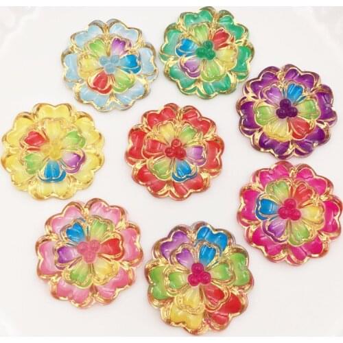 New 8 Pcs Mix Resin 32mm Colorful Peony Flat Back Rhinestone Applique DIY 2 Hole Ornaments Wedding Scrapbook Craft SF823