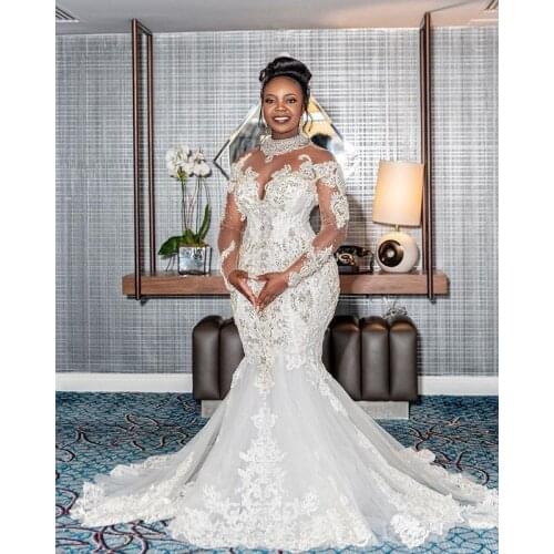 Luxury Plus Size 2022 Wedding Dresses Sheer Long Sleeves Lace Beaded African Mermaid Bridal Gowns Elegant Robe De Mariee