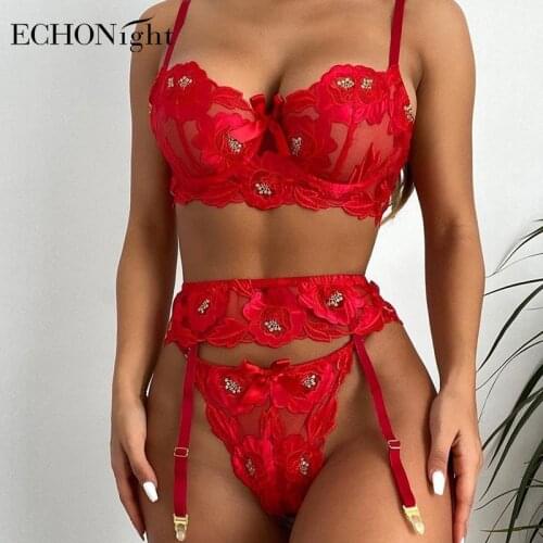 Echonight Sexy Lace Underwear Set Red Floral Lingerie Sexy 3 Piece Set Underwire Push up Bra Underwear Women Lace Brief Sets