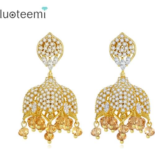 LUOTEEMI Luxury Palace Style Indian Bell Drop Earrings for Girls Bridals Shiny AAA Cubic Zircon Tassel Big Fashion Jewelry Gift