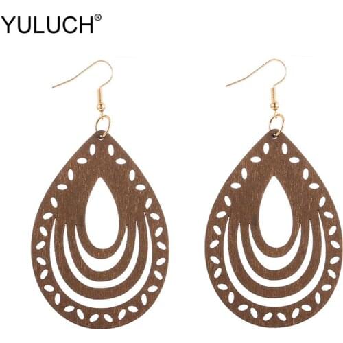 YULUCH Fashion Pop Big Hollow Wooden Water Drop Earrings For Women 2019 New Design Ethnic African Boho 7 Colors Hanging Earrings