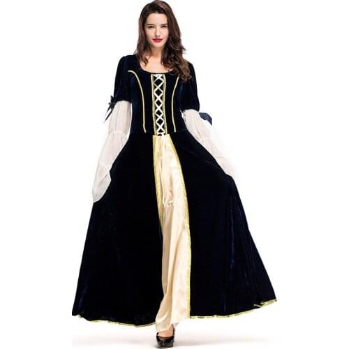 Victorian Vintage Medieval Dark Blue Palace Dress Long Dress Halloween Performance Costume