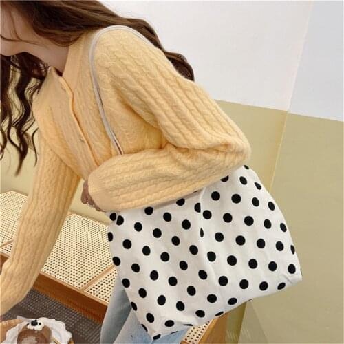 Wave Point Shoulder Bags For Womens Cute Canvas Bag Simple Female Vintage Handbag Magnetic Button Femme Soft Tote Bag