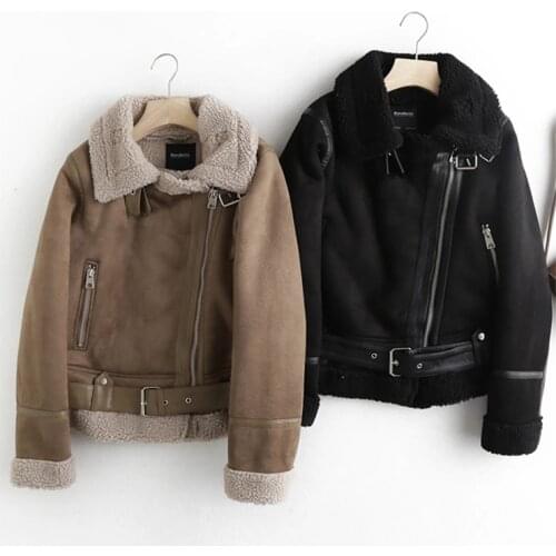 Ailegogo Winter Women Pu Leather Jacekt Streetwear Female Faux Suede Lapel Thick Warm Coat with Belt Moto Biker Black Outwear