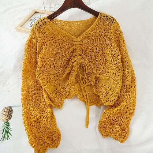 Spring Women Hollow Out Knitted Pullovers Thin V-Neck Drawstring Sweater Female Long Sleeve Bottoming Knitwear Short Tops AB1795