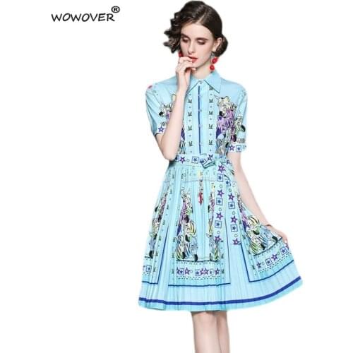 Elegant Lady Summer Runway Designer Short Sleeve Print Holiday Dress Women Fashion Shirt Collar Sashes Pleated Vintage Vestidos