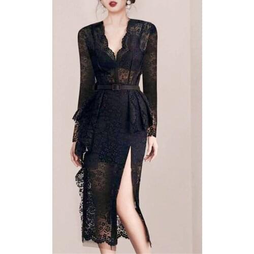 2021 New Fashion Vintage Elegant Women Long Sleeve High Waist Slim Party Dress Sexy Split Black Lace Vestidos