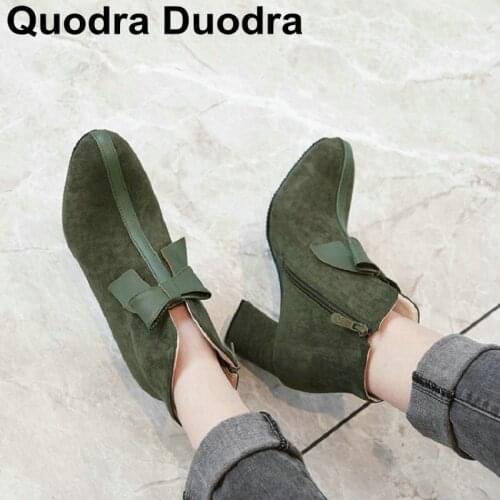 Winter Flock Ankle Women Boots Pointed Toe Ladies Party Boots Thick High Heeled Shoes Boots with Butterfly-knot Solid Size 34-46