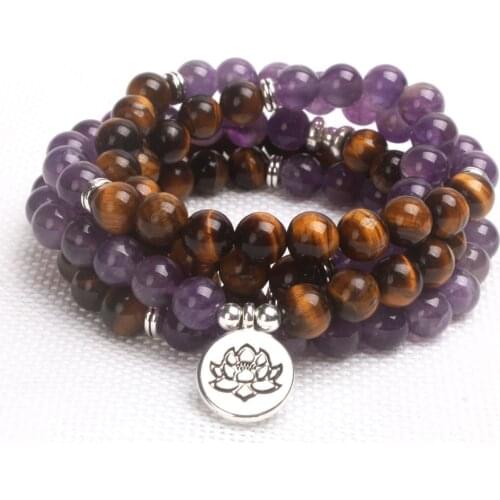 Ame-thyst Tiger Eye Stone Yogi Reiki Lotus Tree Life Charm Bracelet Unisex Jewelry 108 Mala Nature Stone Necklace