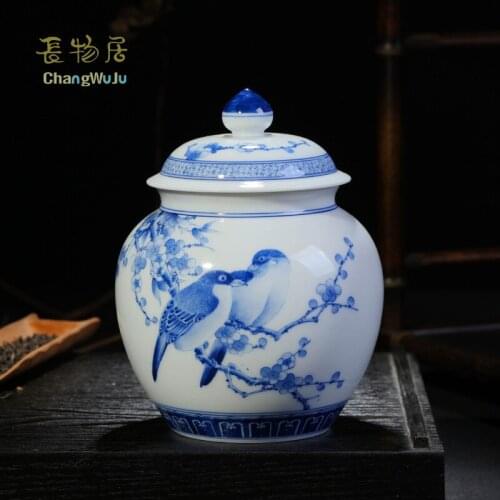 Changwuju in Jingdezhen Tea set the handmade blue and white tea cannister as well as storage jar and vase painted by Jinhongxia